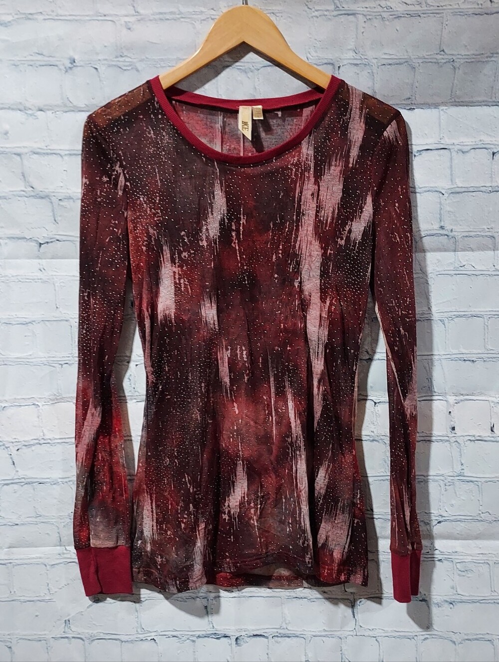 BKE L Red Sheer Top Studded Crew Neck Long Sleeve Gothic Vampire Biker Rocker